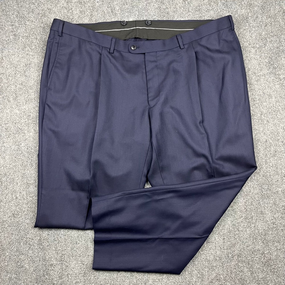 Indochino Newbury 64 Men Navy Blue Micro Herringbone 100% Wool Dress Pants 44x26
